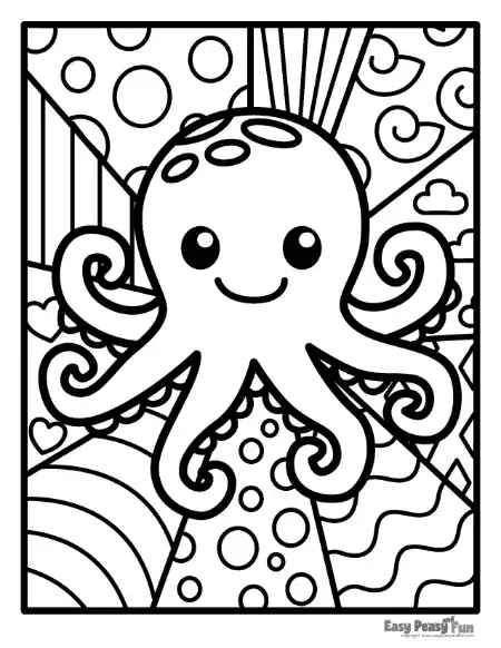 Black and white drawing of a smiling octopus with eight curling tentacles, set against split geometric fields containing circles, waves, and hearts.