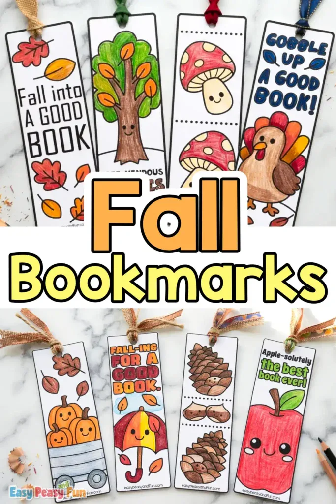 Two rows of colored paper bookmarks featuring autumn characters, leaves, pumpkins, and a turkey, tied with colorful ribbons.
