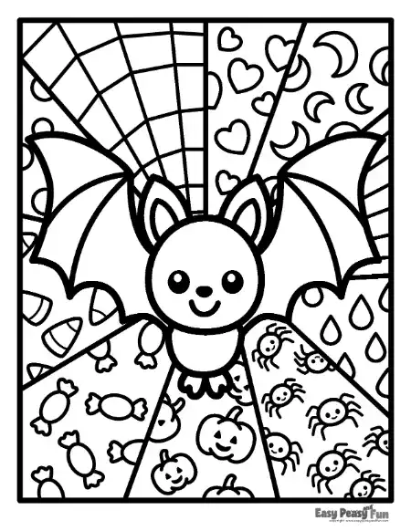 A smiling bat with wide wings spread over a radiating background of different patterns.