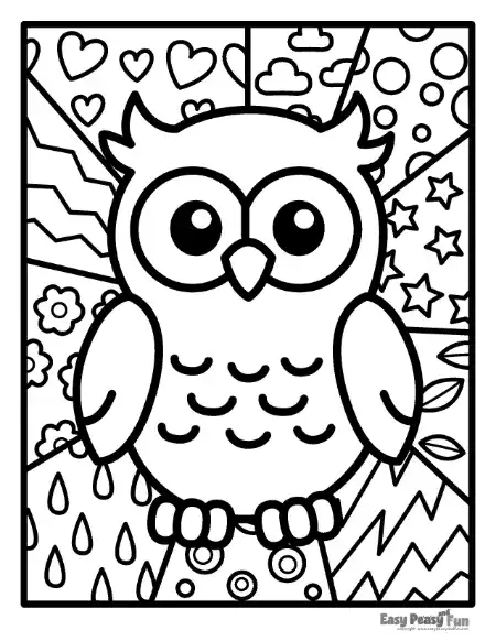 An owl pop art outline perched above a patterned base with a segmented background on a coloring page.