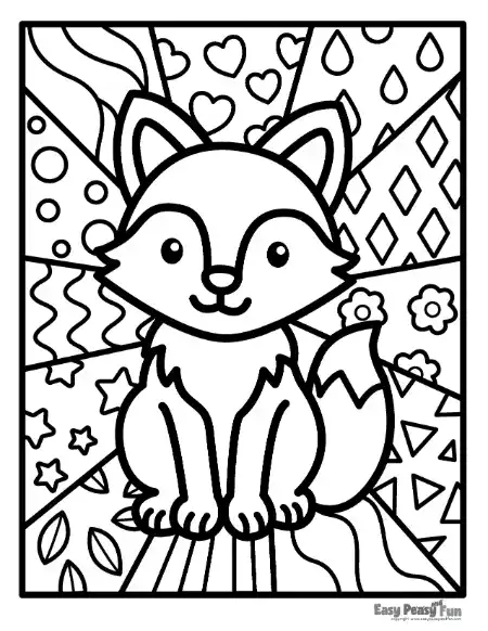 A sitting fox outline surrounded by a patterned geometric background.