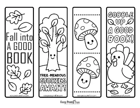 Four fall bookmarks featuring scattered leaves, a smiling tree, mushrooms, and a turkey.