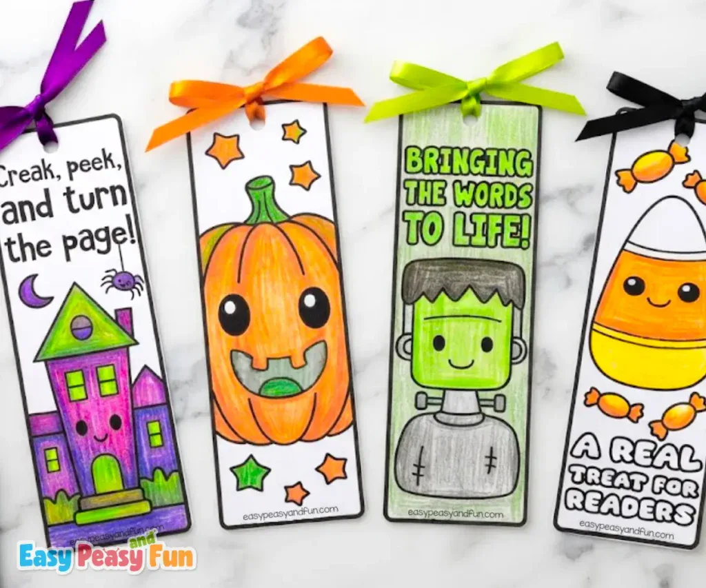 Four colored Halloween bookmarks featuring a haunted house, a pumpkin, Frankenstein's monster, and candy corn.