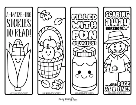 Four bookmarks featuring a corn cob, an apple basket, a jam jar, and a scarecrow.