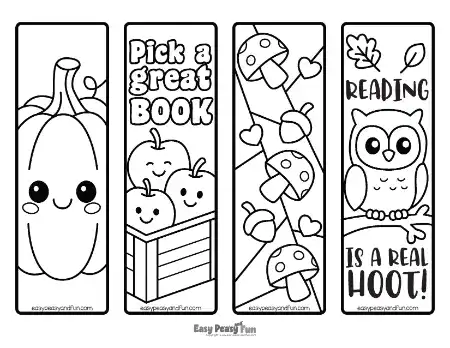 Four bookmarks showing a smiling pumpkin, apples in a crate, mushrooms with acorns, and an owl on a branch.