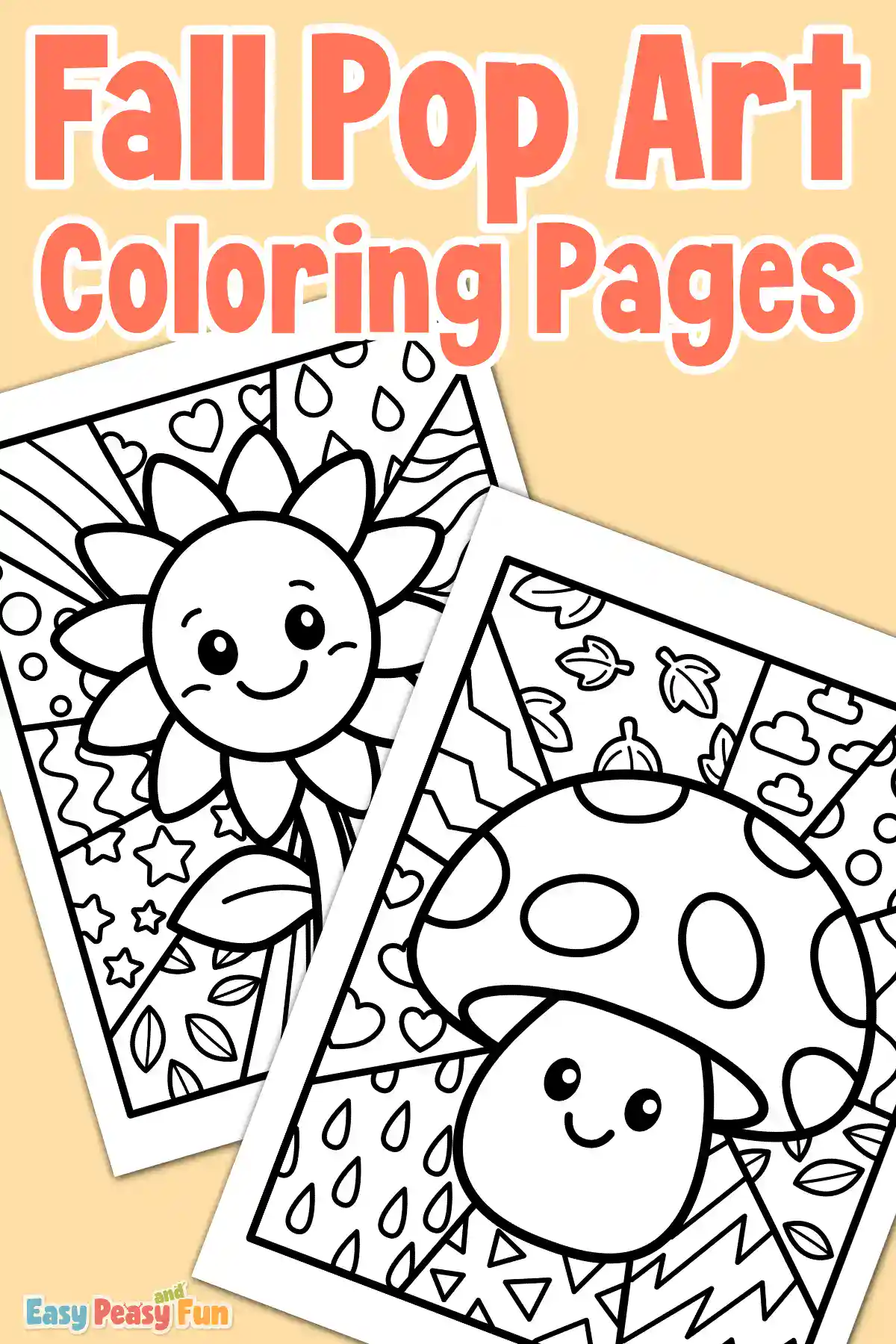 Two fall pop art coloring pages featuring a smiling sunflower on the left and a cute mushroom on the right, set against a peach background with bold title text.