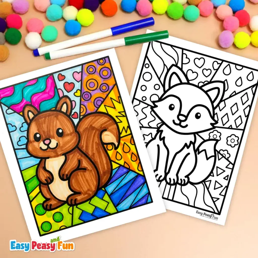 A colored squirrel pop art coloring page next to a black and white fox pop art coloring page, accompanied by markers and pom poms.