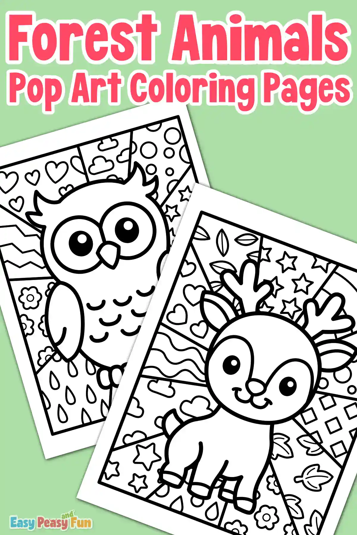 A black and white owl pop art coloring page and a deer pop art coloring page stacked together.