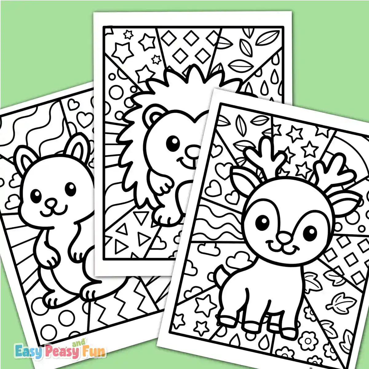 Three overlapping pop art coloring pages featuring a squirrel, hedgehog, and deer.