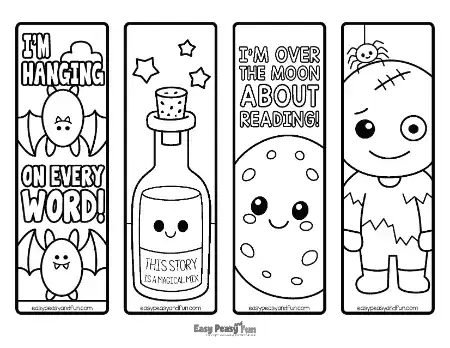 A vertical strip displaying four bookmark coloring pages with hanging bats, a potion bottle, a full moon, and a zombie.