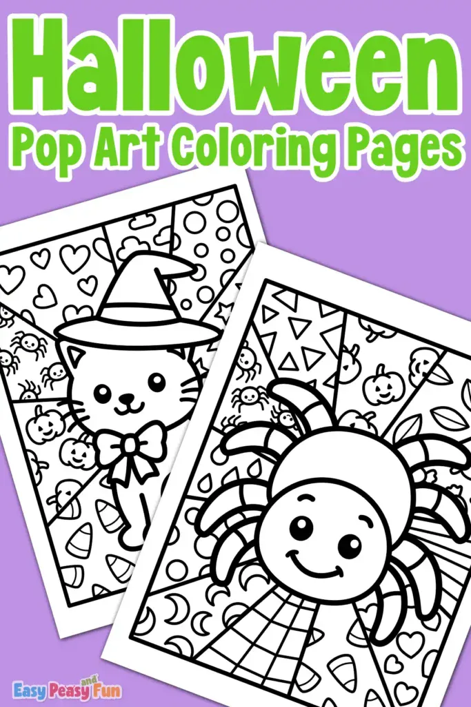 Two overlapping Halloween pop art coloring pages showing a cat in a witch hat and a smiling spider against patterned backgrounds.