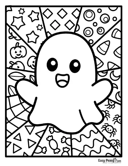 A cheerful ghost floating in the center of radiating geometric patterns.