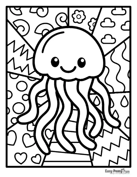 Black and white outline of a friendly jellyfish with long dangling tentacles, centered over a geometric background of flowers, clouds, and zigzags.