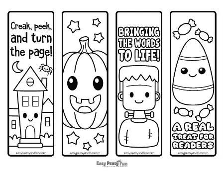 Four vertical outline templates depicting a haunted house, a pumpkin, Frankenstein's monster, and a piece of candy corn.