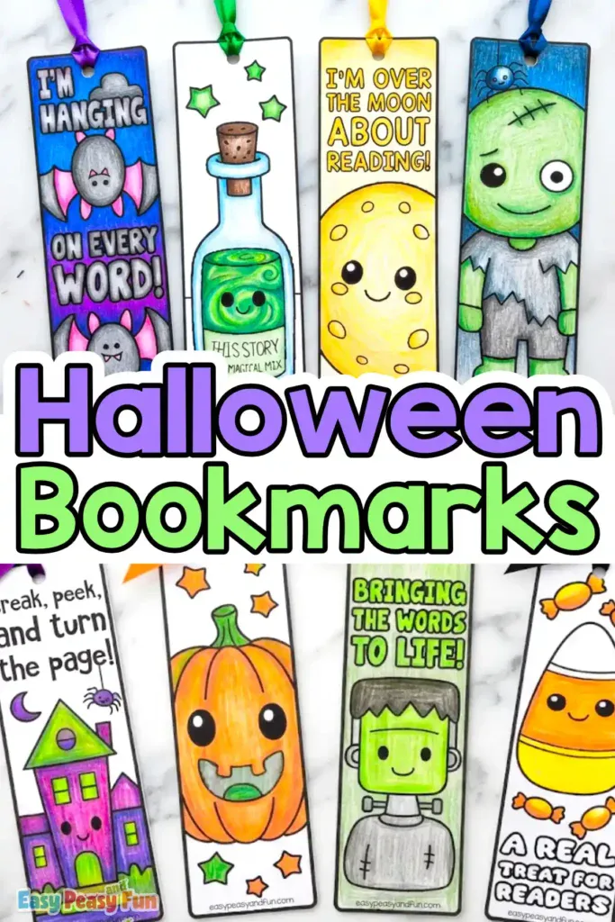 A flat lay display of colored Halloween bookmarks with ribbons, featuring two overlapping rows of spooky designs on a white marble background.