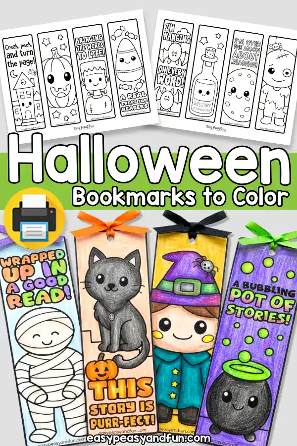 Two printable coloring template sheets positioned above four colored Halloween bookmarks featuring a mummy, a cat, a witch, and a cauldron with ribbons on a marble background.