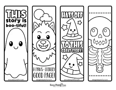 A vertical strip of four coloring outlines featuring a ghost, a werewolf, stacked witch hats, and a skeleton.