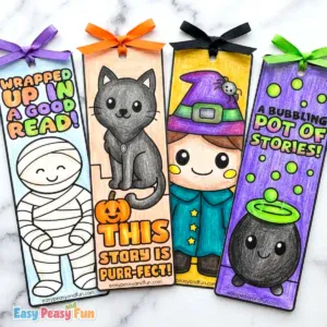 Four colored Halloween bookmarks featuring a mummy, a black cat, a witch, and a bubbling cauldron with ribbons.