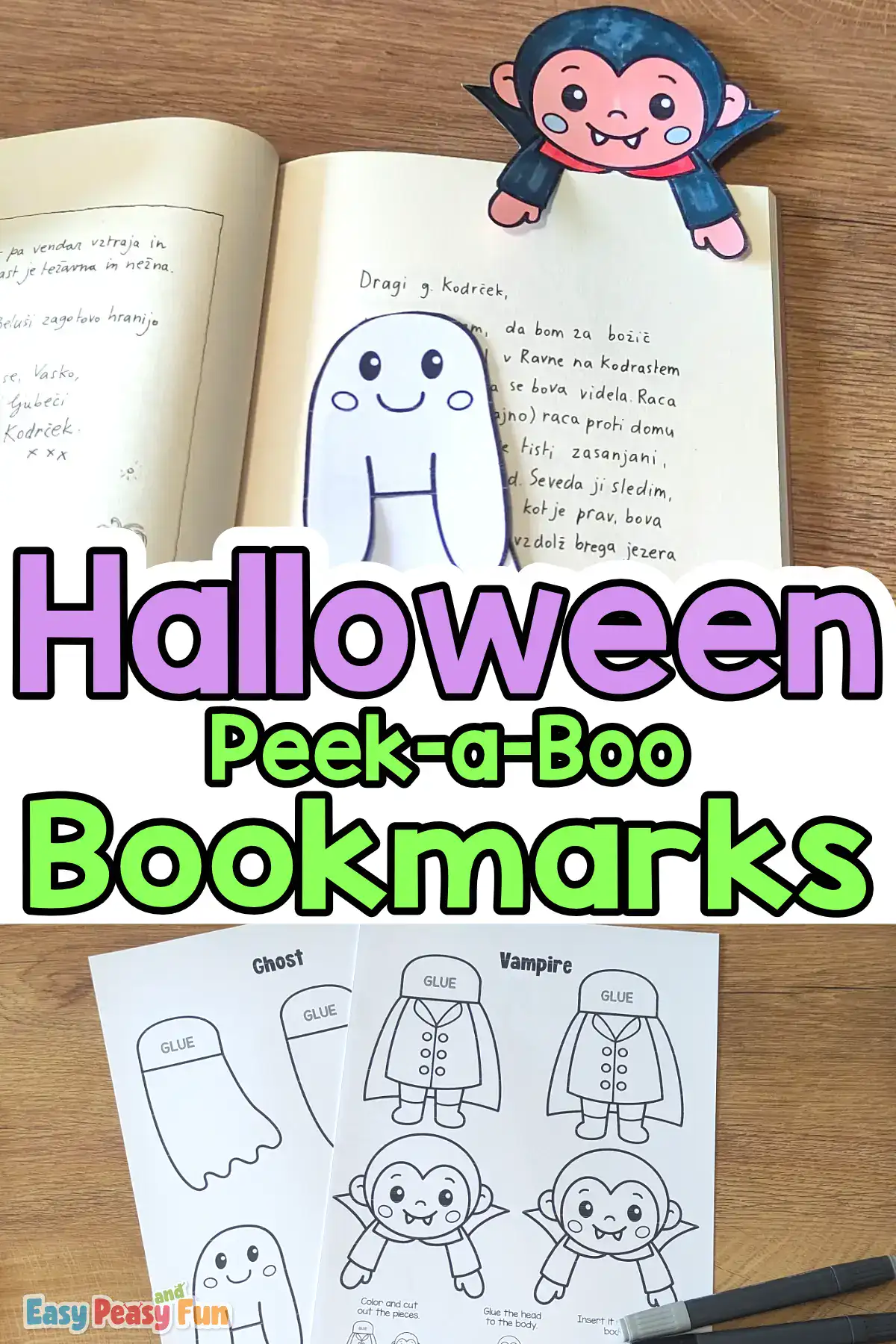 Title graphic over an open book with Halloween bookmarks and printed templates on a table.