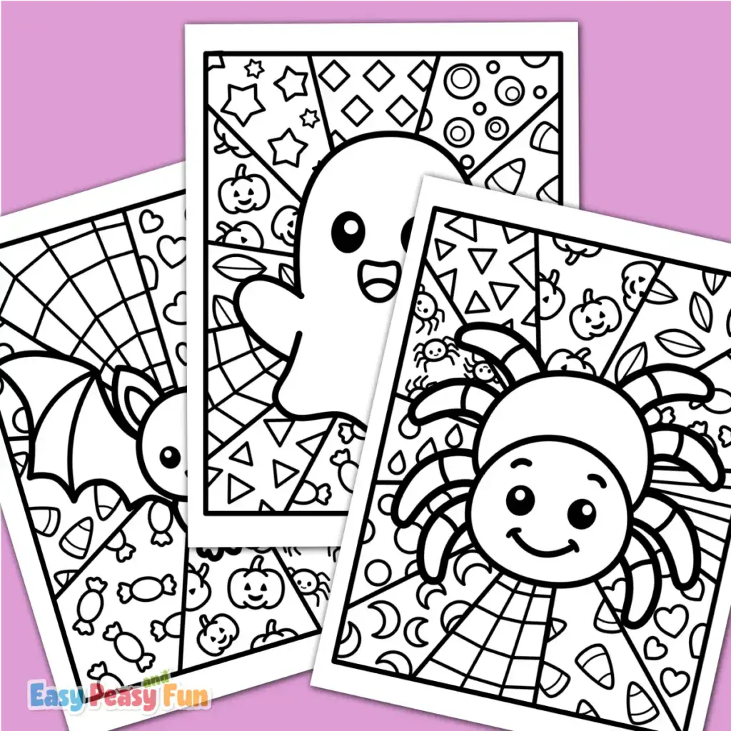 Three overlapping Halloween coloring pages featuring a bat, a ghost, and a spider with geometric patterned backgrounds.