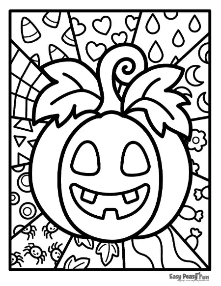 A large smiling carved pumpkin against a background of patterned shapes.