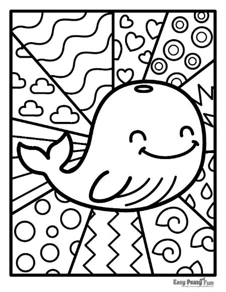 Black and white line art of a smiling whale with a water spout, surrounded by rays featuring clouds, concentric circles, and seashells.