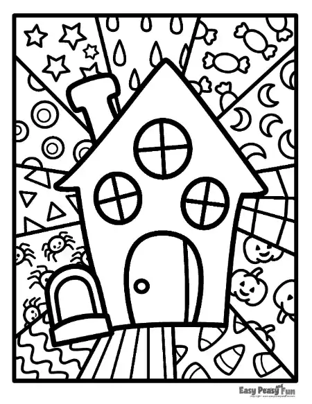 A haunted house with round windows and a chimney surrounded by patterned panels.