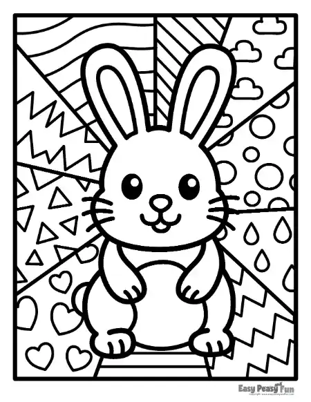 A rabbit pop art outline with long ears positioned against a segmented pattern on a coloring page.