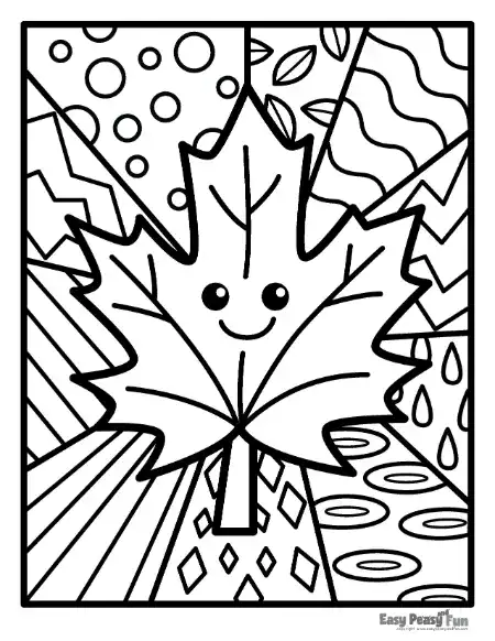 Cute smiling maple leaf with patterned geometric background sections.