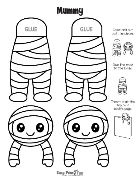 Printable black and white outline template displaying a wrapped mummy body with a glue tab and a bandaged head with outstretched arms.