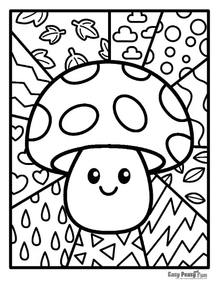 Smiling spotted mushroom over a segmented pattern background.