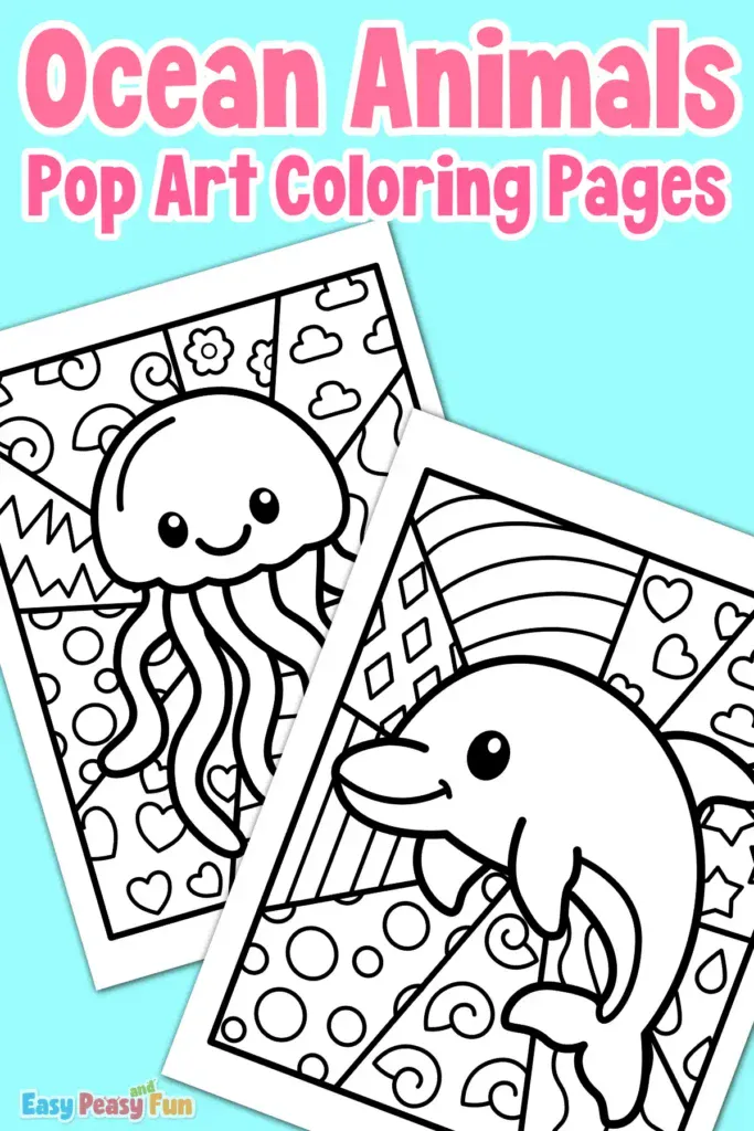 Two coloring pages showing ocean animals: one colored dolphin on the left and a black-and-white octopus on the right, surrounded by colorful craft supplies.