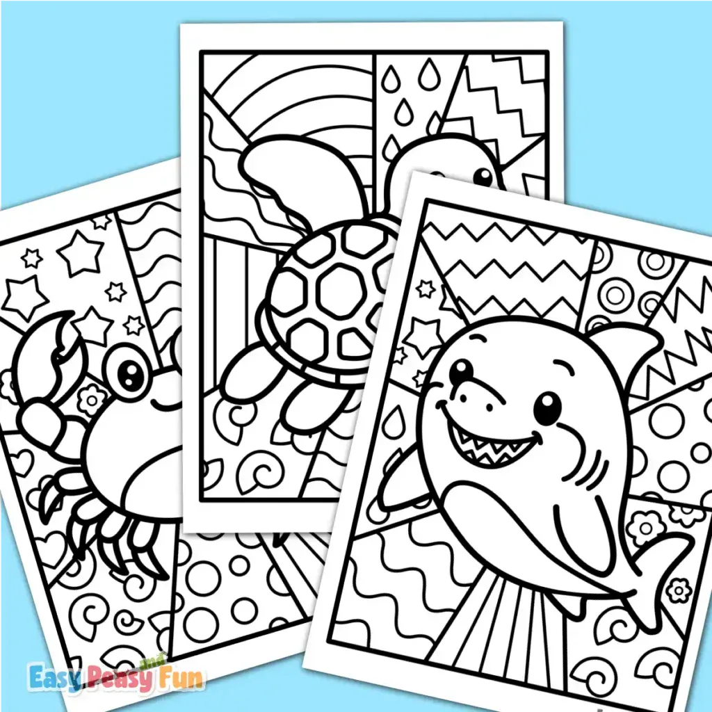 Three overlapping black-and-white coloring pages showing a crab, a sea turtle, and a smiling shark with patterned pop art backgrounds.