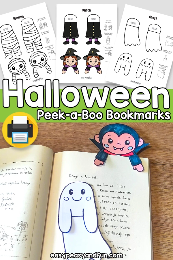 Colored vampire bookmark and a white ghost bookmark template, with printable mummy, witch, and ghost templates displayed at the top.