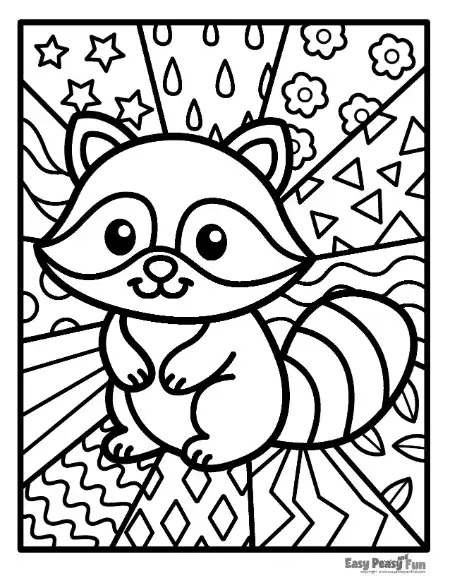 A raccoon pop art outline with a striped tail against a patterned background on a coloring page.