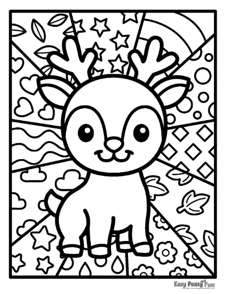 A young deer pop art coloring page with antlers surrounded by a patterned backdrop.