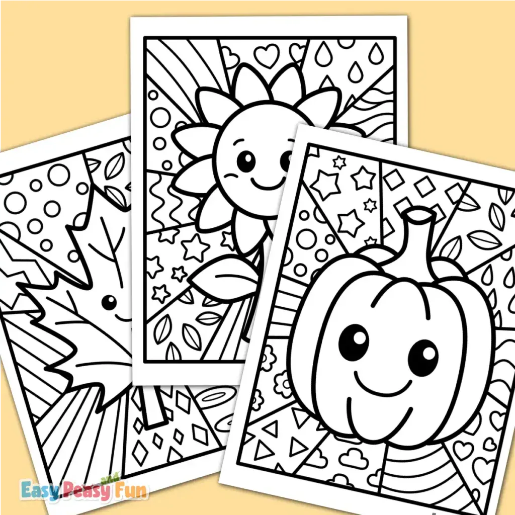 Three overlapping fall pop art coloring pages displaying a smiling maple leaf, a sunflower, and a pumpkin with various geometric background patterns.