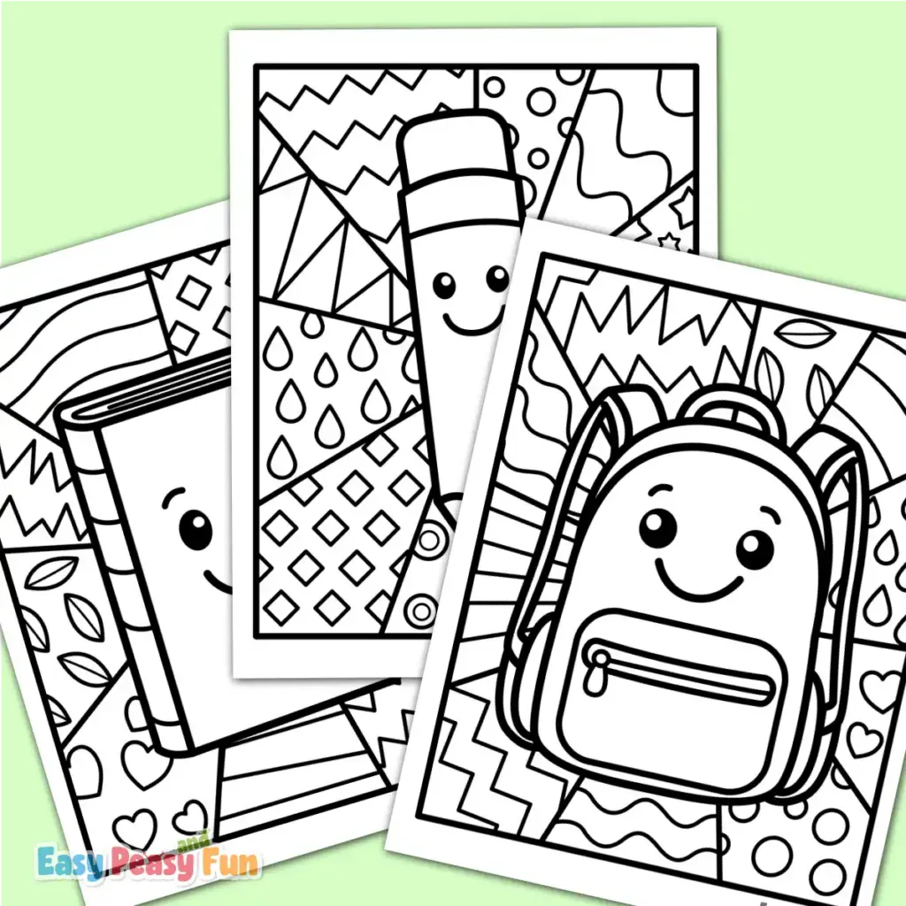 Back to school pop art coloring pages featuring a book, a pencil, and a backpack.