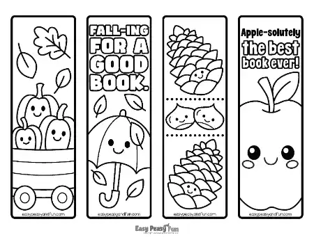 Four bookmarks showing a wagon with pumpkins, an umbrella in leaves, pinecones with chestnuts, and an apple.