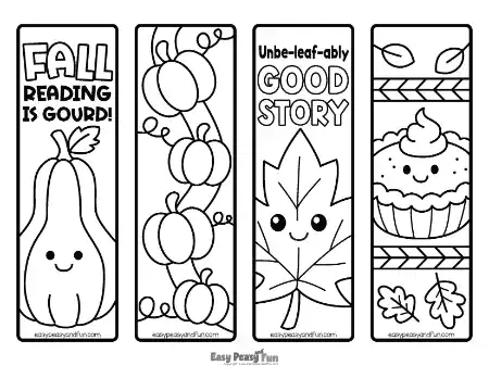 Four bookmarks displaying a squash, a pumpkin vine, a smiling leaf, and a pie.