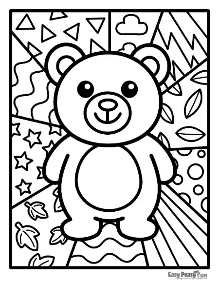 A standing bear outline set against various geometric patterns.