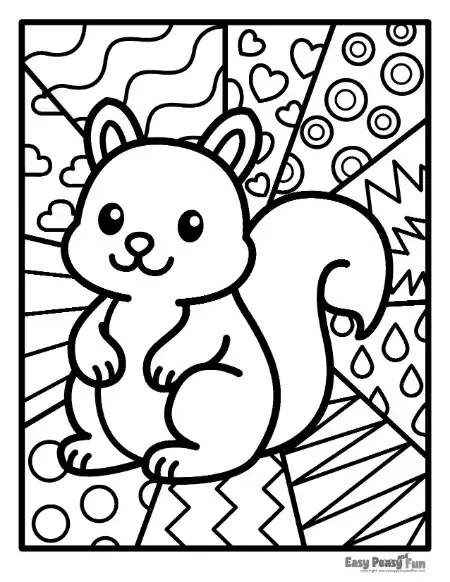 A squirrel pop art outline with a bushy tail in front of a geometric background on a coloring page.