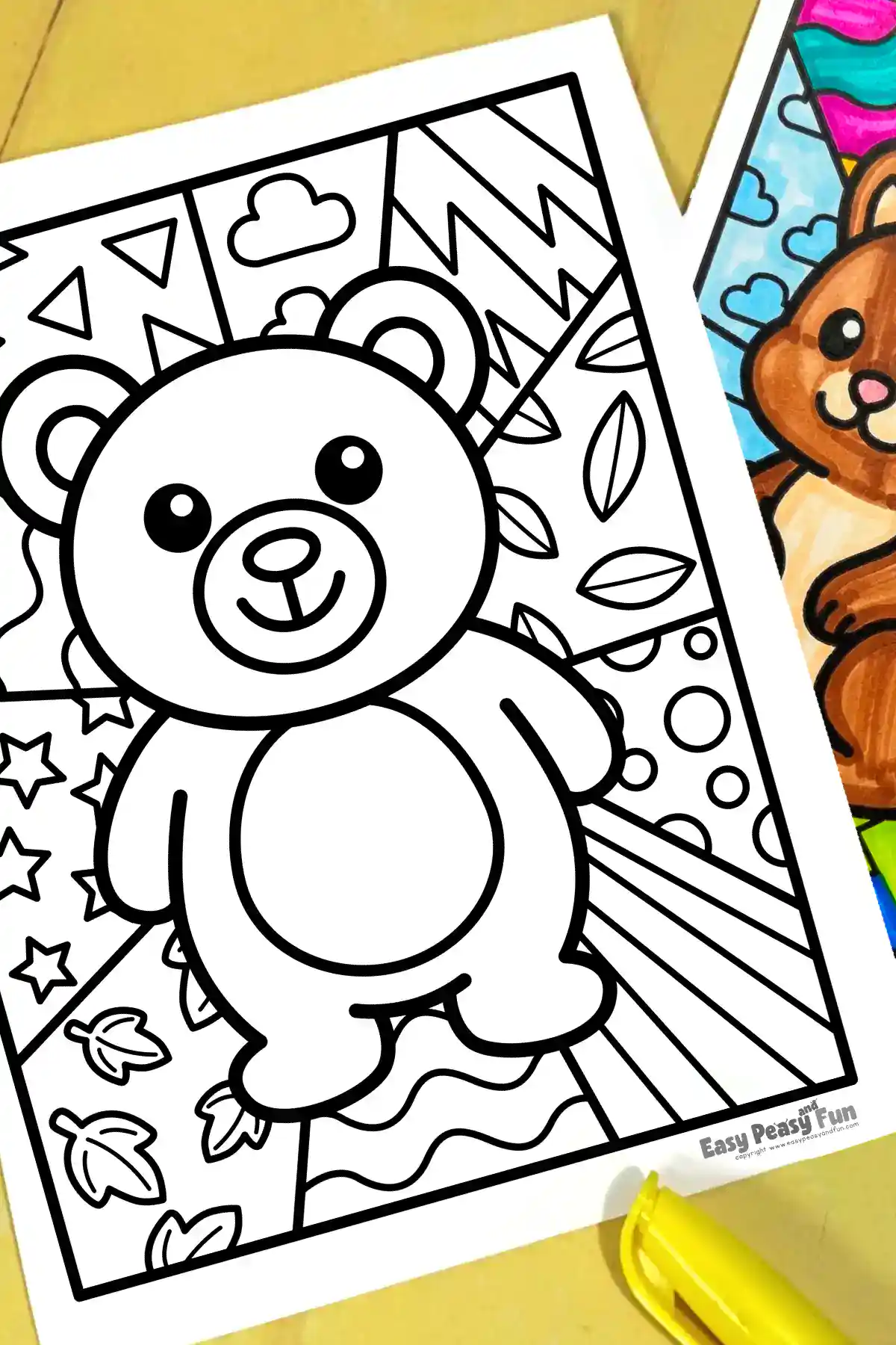 A black and white bear pop art outline and a partial view of a colored pop art  squirrel coloring page with a marker nearby.