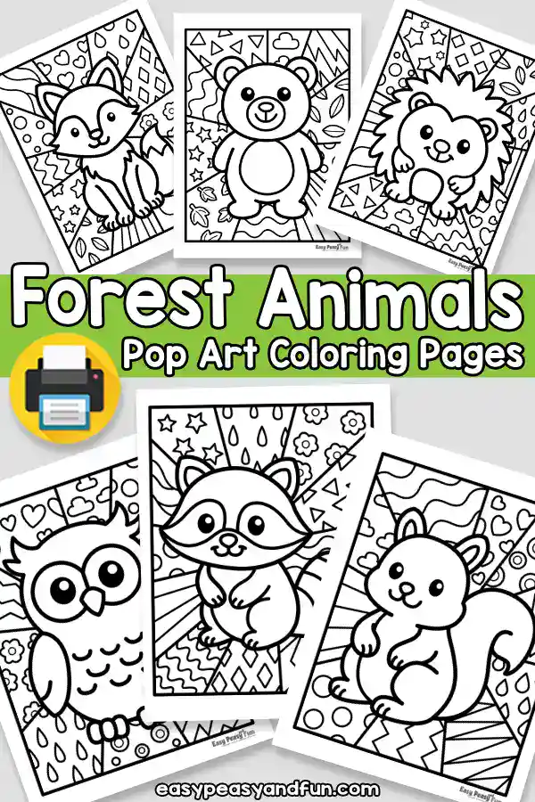 A collection of six black and white pop art coloring pages featuring a fox, bear, hedgehog, owl, raccoon, and squirrel, arranged with a title banner in the center.