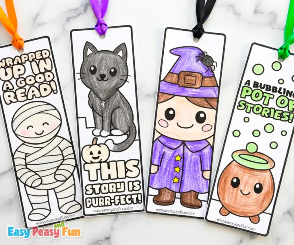 Four colored Halloween bookmarks featuring a mummy, a black cat, a witch, and a bubbling cauldron.