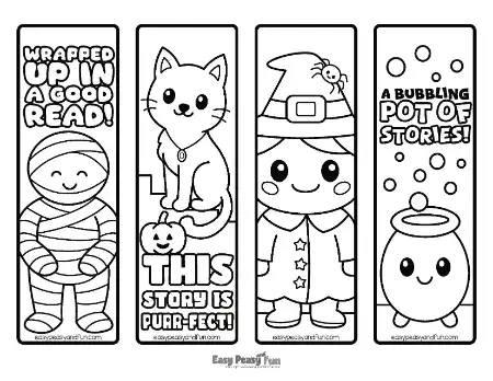 A vertical layout of bookmarks showing four coloring templates with a mummy, a black cat, a witch, and a bubbling cauldron.