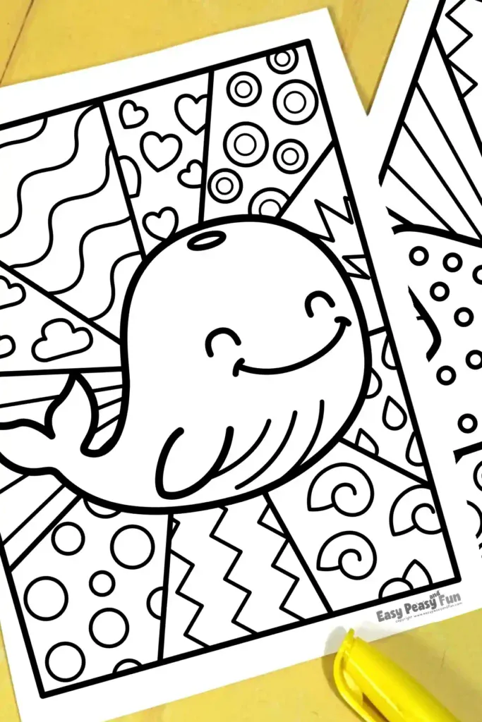 A black-and-white coloring page featuring a smiling whale set against a patterned pop art background.