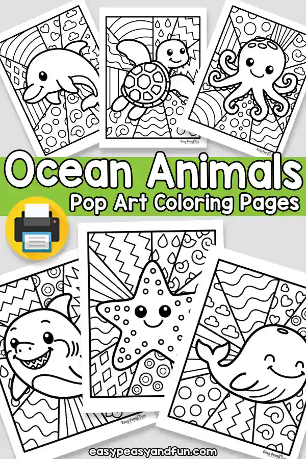 Collage of six black and white ocean animal pop art coloring pages featuring a dolphin, sea turtle, octopus, shark, starfish, and whale, with text reading Ocean Animals Pop Art Coloring Pages.
