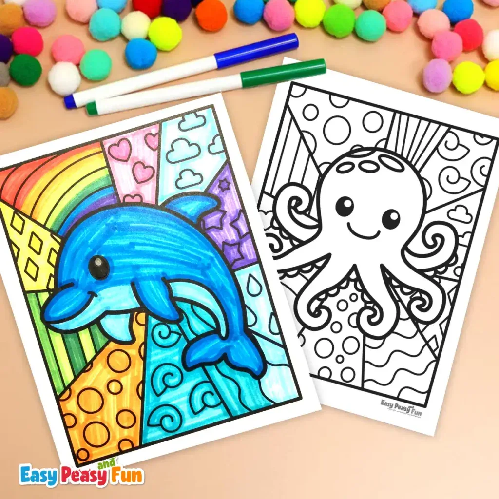 Two coloring pages showing ocean animals: one colored dolphin on the left and a black-and-white octopus on the right, surrounded by colorful craft supplies.