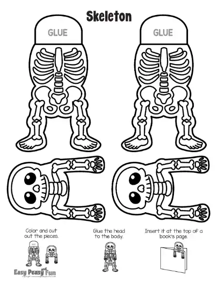 Printable black and white outline template showing a skeletal ribcage body with a glue tab and a grinning skull head with arms.